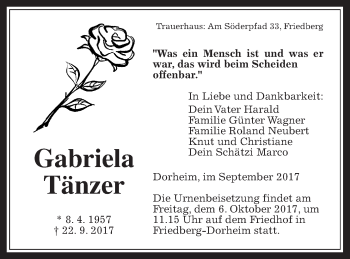 Traueranzeige von Gabriela Tänzer von Wetterauer Zeitung, Wetterauer Zeitung