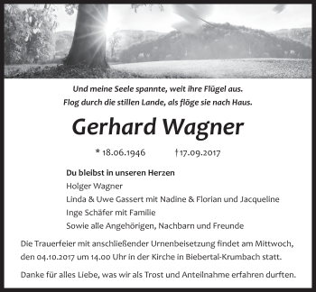 Traueranzeige von Gerhard Wagner von Giessener Allgemeine, Alsfelder Allgemeine
