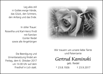 Traueranzeige von Gertrud Kaminski von Licher Wochenblatt, Licher Wochenblatt, Licher Wochenblatt