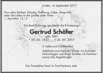 Traueranzeige von Gertrud Schäfer von Giessener Allgemeine, Alsfelder Allgemeine