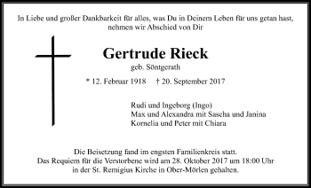 Traueranzeige von Gertrude Rieck von Wetterauer Zeitung, Wetterauer Zeitung