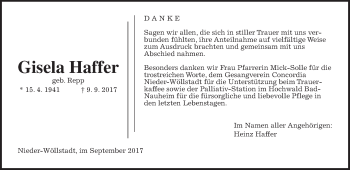 Traueranzeige von Gisela Haffer von Wetterauer Zeitung, Wetterauer Zeitung