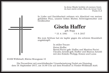 Traueranzeige von Gisela Haffer von Wetterauer Zeitung, Wetterauer Zeitung