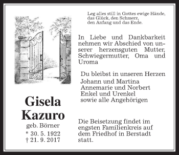 Traueranzeige von Gisela Kazuro von Wetterauer Zeitung, Wetterauer Zeitung