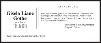 Traueranzeige von Gisela Liane Göthe von Wetterauer Zeitung
