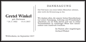 Traueranzeige von Gretel Winkel von Wetterauer Zeitung, Wetterauer Zeitung