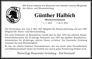 Traueranzeige von Günter Halbich von Heimatzeitung Grünberg + Laubach, Laubacher Anzeiger