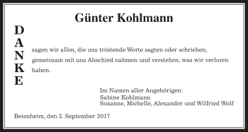 Traueranzeige von Günter Kohlmann von Wetterauer Zeitung, Wetterauer Zeitung