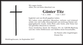 Traueranzeige von Günter Titz von Giessener Allgemeine, Alsfelder Allgemeine