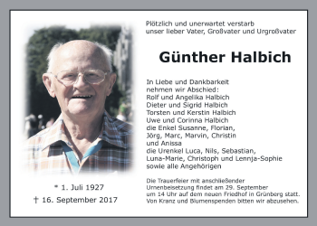 Traueranzeige von Günther Halbich von Giessener Allgemeine, Alsfelder Allgemeine