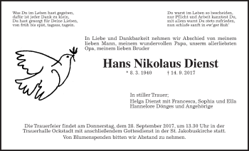 Traueranzeige von Hans Nikolaus Dienst von Wetterauer Zeitung, Wetterauer Zeitung