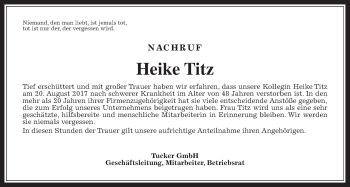 Traueranzeige von Heike Titz von Giessener Allgemeine, Alsfelder Allgemeine, Wetterauer Zeitung, Wetterauer Zeitung