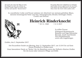 Traueranzeige von Heinrich Rinderknecht von Giessener Allgemeine, Alsfelder Allgemeine