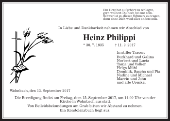 Traueranzeige von Heinz Philippi von Wetterauer Zeitung, Wetterauer Zeitung