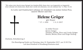 Traueranzeige von Helene Gröger von Wetterauer Zeitung, Wetterauer Zeitung