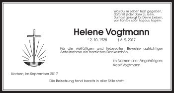 Traueranzeige von Helene Vogtmann von Wetterauer Zeitung
