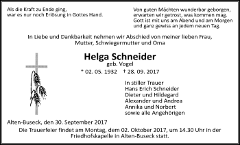 Traueranzeige von Helga Schneider von Giessener Allgemeine, Alsfelder Allgemeine
