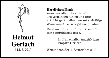 Traueranzeige von Helmut Gerlach von Giessener Allgemeine, Alsfelder Allgemeine
