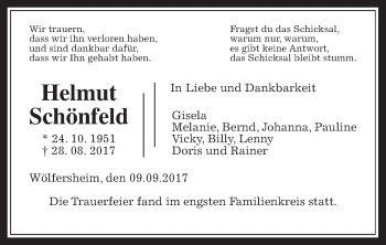 Traueranzeige von Helmut Schönfeld von Wetterauer Zeitung, Wetterauer Zeitung