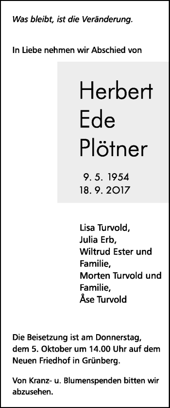Traueranzeige von Herbert Ede Plötner von Giessener Allgemeine, Alsfelder Allgemeine