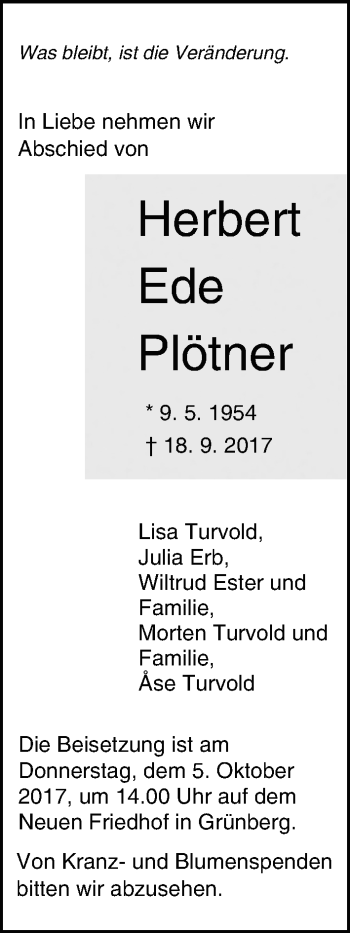 Traueranzeige von Herbert Ede Plötner von Giessener Allgemeine, Alsfelder Allgemeine