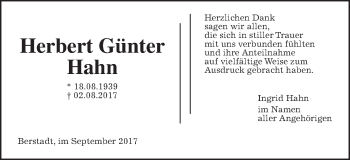 Traueranzeige von Herbert Günter Hahn von Wetterauer Zeitung, Wetterauer Zeitung