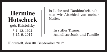 Traueranzeige von Hermine Hotschek von Wetterauer Zeitung, Wetterauer Zeitung