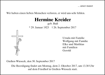 Traueranzeige von Hermine Kreider von Giessener Allgemeine, Alsfelder Allgemeine