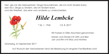 Traueranzeige von Hilde Lembcke von Giessener Allgemeine, Alsfelder Allgemeine