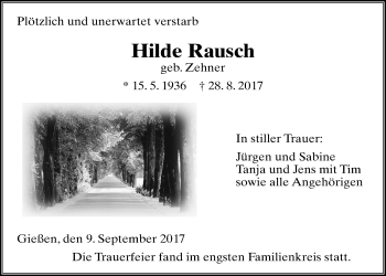 Traueranzeige von Hilde Rausch von Giessener Allgemeine, Alsfelder Allgemeine
