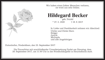 Traueranzeige von Hildegard Becker von Giessener Allgemeine, Alsfelder Allgemeine