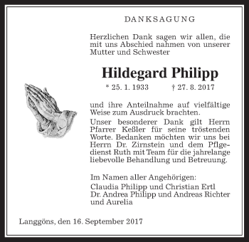 Traueranzeige von Hildegard Philipp von Giessener Allgemeine, Alsfelder Allgemeine