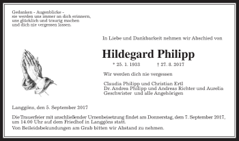 Traueranzeige von Hildegard Philipp von Giessener Allgemeine, Alsfelder Allgemeine