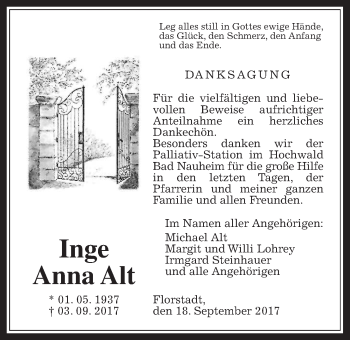 Traueranzeige von Inge Anna Alt von Wetterauer Zeitung, Wetterauer Zeitung