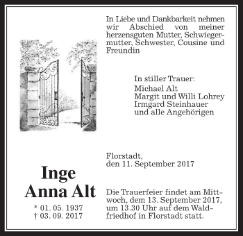 Traueranzeige von Inge Anna Alt von Wetterauer Zeitung, Wetterauer Zeitung
