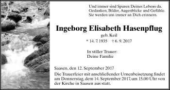 Traueranzeige von Ingeborg Elisabeth Hasenpflug von Giessener Allgemeine, Alsfelder Allgemeine