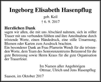 Traueranzeige von Ingeborg Elisabeth Hasenpflug von Giessener Allgemeine, Alsfelder Allgemeine
