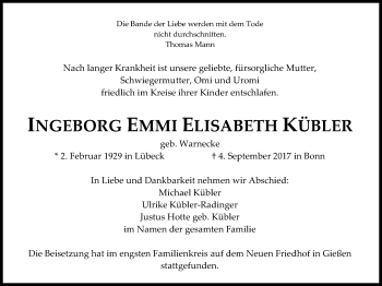 Traueranzeige von Ingeborg Emmi Elisabeth Kübler von Giessener Allgemeine, Alsfelder Allgemeine