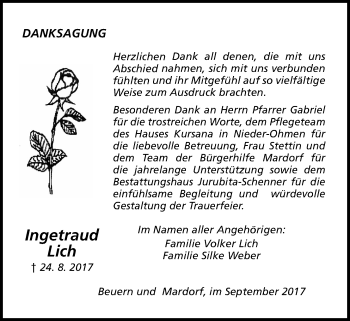 Traueranzeige von Ingetraud Lich von Giessener Allgemeine, Alsfelder Allgemeine