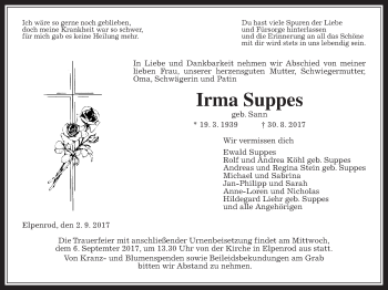 Traueranzeige von Irma Suppes von Alsfelder Allgemeine