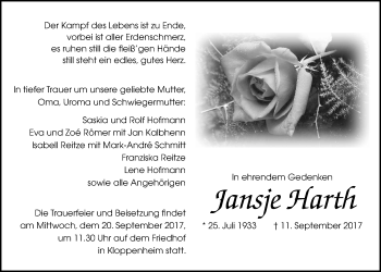 Traueranzeige von Jansje Harth von Wetterauer Zeitung, Wetterauer Zeitung
