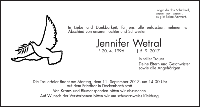  Traueranzeige für Jennifer Wetral vom 09.09.2017 aus Alsfelder Allgemeine