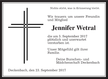 Traueranzeige von Jennifer Wetral von Giessener Allgemeine, Alsfelder Allgemeine