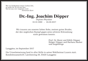 Traueranzeige von Joachim Döppert von Giessener Allgemeine, Alsfelder Allgemeine, Wetterauer Zeitung, Wetterauer Zeitung, Giessener Allgemeine, Alsfelder Allgemeine