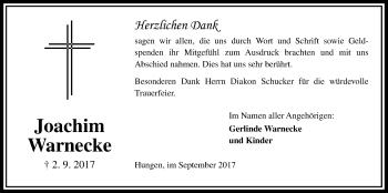 Traueranzeige von Joachim Warnecke von Licher Wochenblatt, Licher Wochenblatt, Licher Wochenblatt