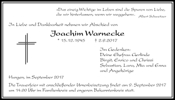 Traueranzeige von Joachim Warnecke von Licher Wochenblatt, Licher Wochenblatt, Licher Wochenblatt