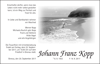 Traueranzeige von Johann Franz Kopp von Wetterauer Zeitung