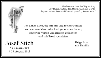 Traueranzeige von Josef Stich von Wetterauer Zeitung, Wetterauer Zeitung