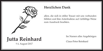Traueranzeige von Jutta Reinhard von Wetterauer Zeitung, Wetterauer Zeitung