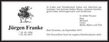Traueranzeige von Jürgen Franke von Wetterauer Zeitung, Wetterauer Zeitung